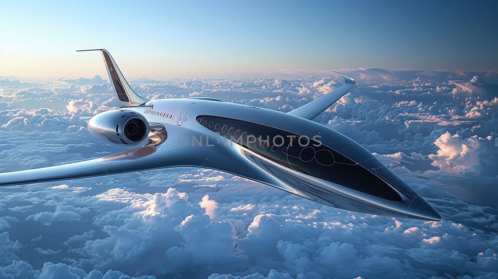 Futuristic airplane flying above the clouds. for science fiction or military aviation backgrounds.