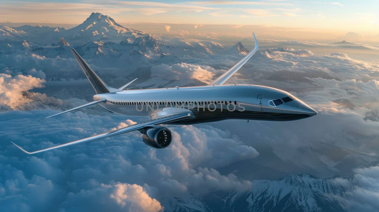 Futuristic airplane flying above the clouds. for science fiction or military aviation backgrounds.