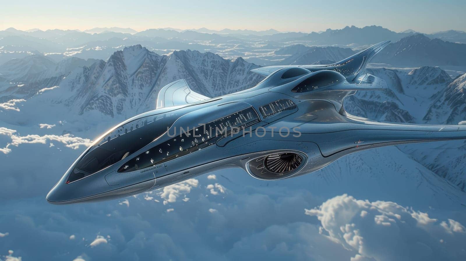Futuristic airplane flying above the clouds. for science fiction or military aviation backgrounds.