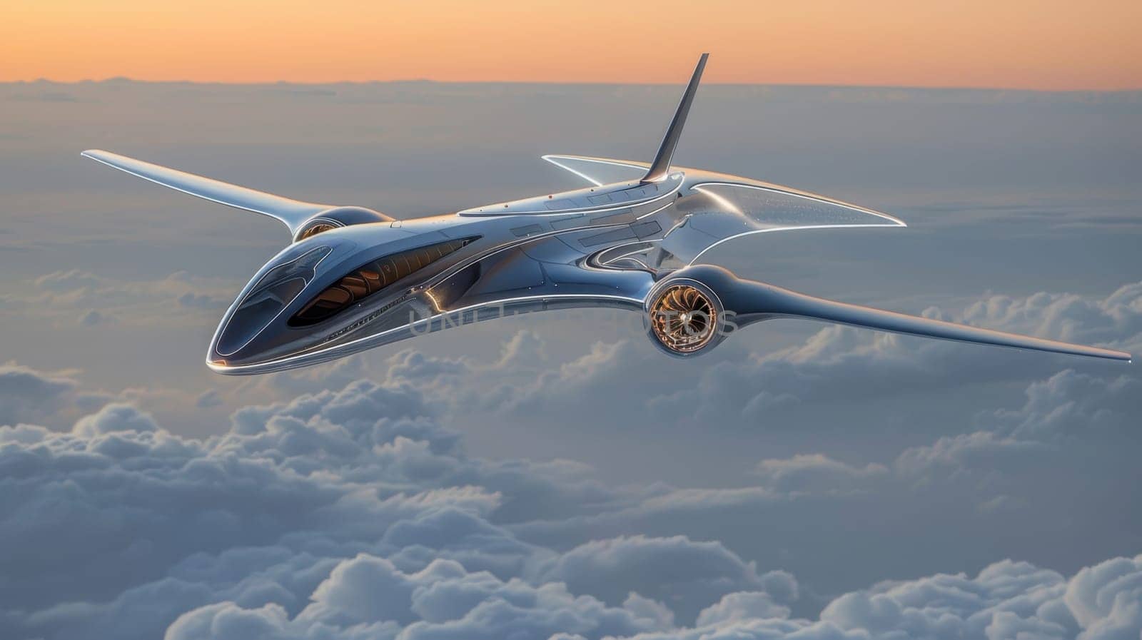 Futuristic airplane flying above the clouds. for science fiction or military aviation backgrounds.