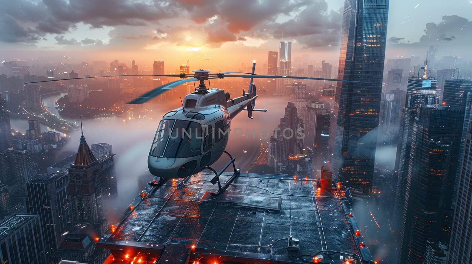A helicopter landing on the helipad of a skyscraper. Building with a helipad.