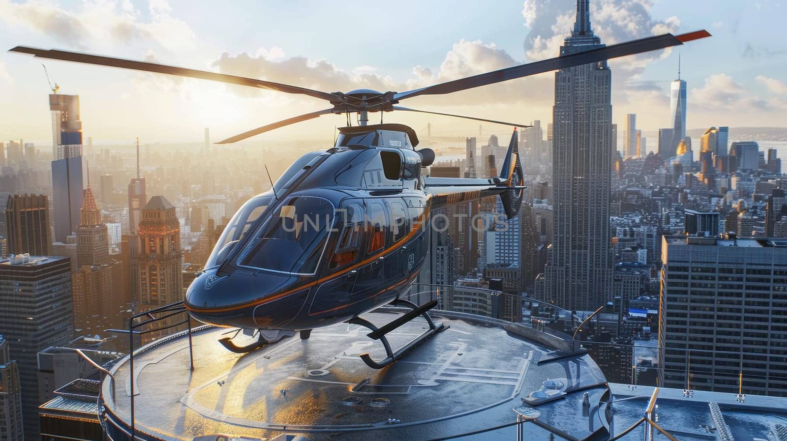 A helicopter landing on the helipad of a skyscraper. Building with a helipad.
