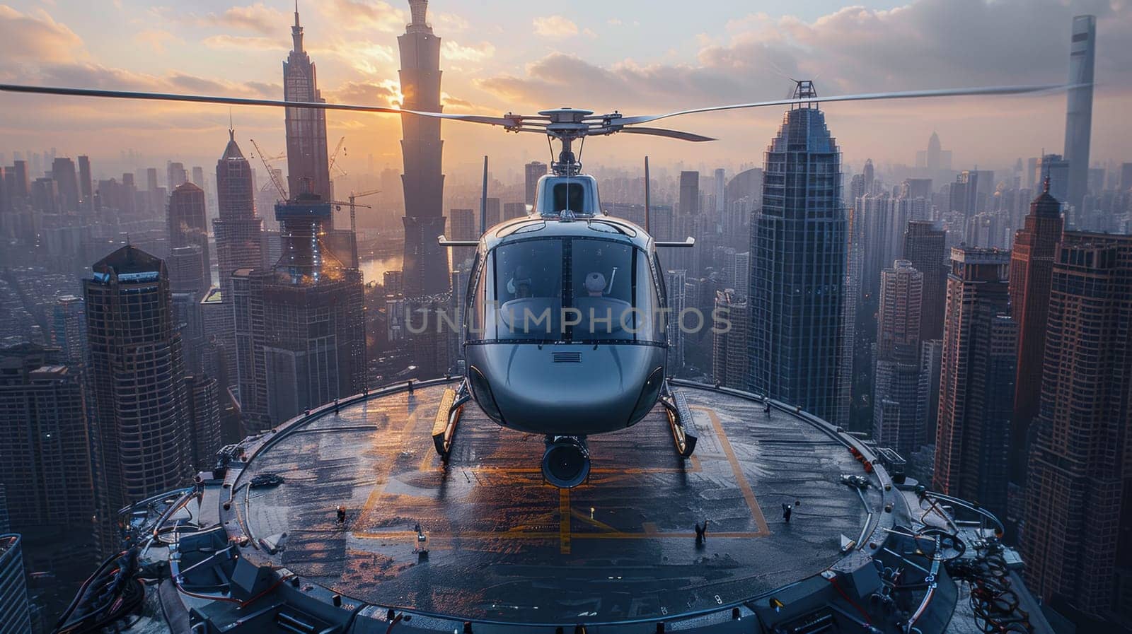 A helicopter landing on the helipad of a skyscraper. Building with a helipad.