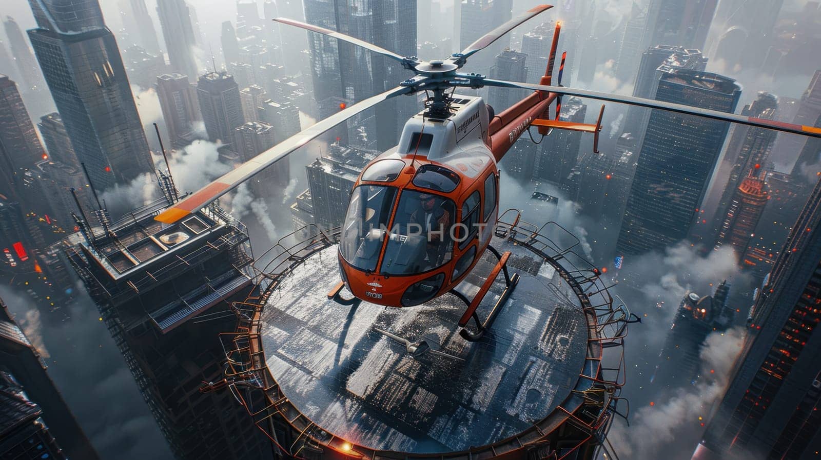 A helicopter landing on the helipad of a skyscraper. Building with a helipad.