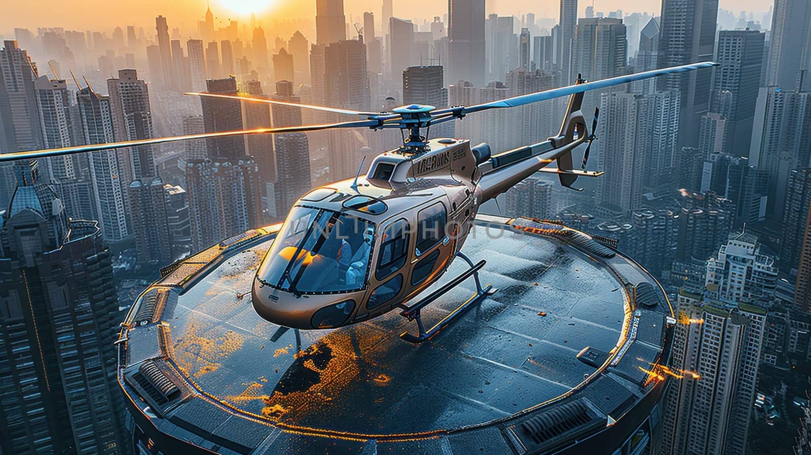 A helicopter landing on the helipad of a skyscraper. Building with a helipad.