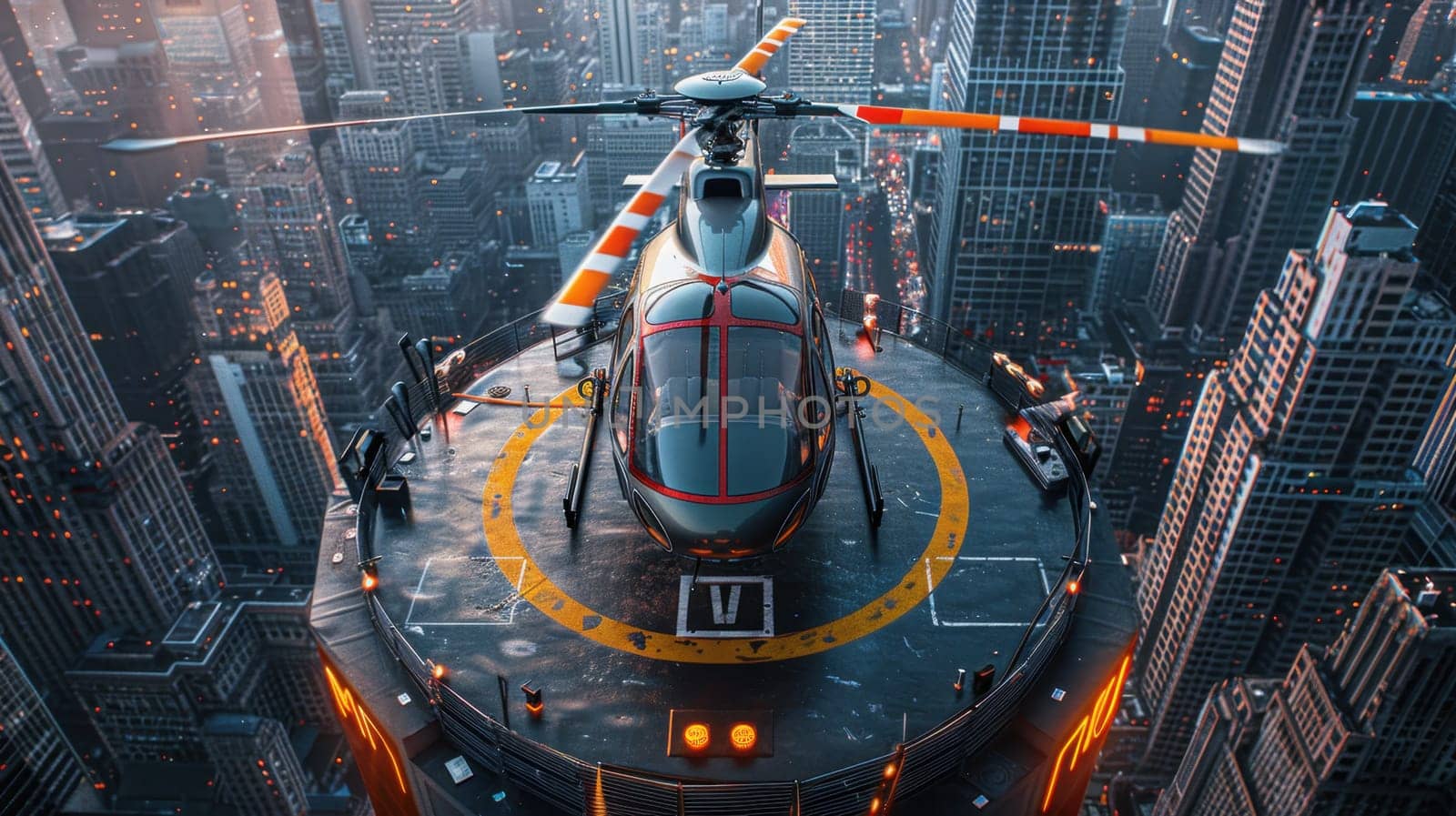 A helicopter landing on the helipad of a skyscraper. Building with a helipad.