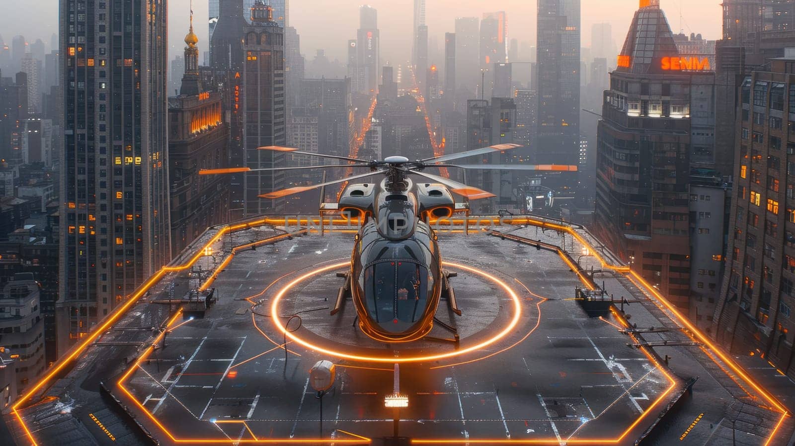A helicopter landing on the helipad of a skyscraper. Building with a helipad.
