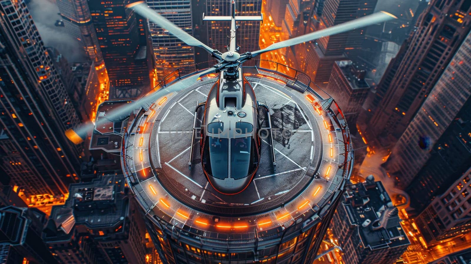 A helicopter landing on the helipad of a skyscraper. Building with a helipad.