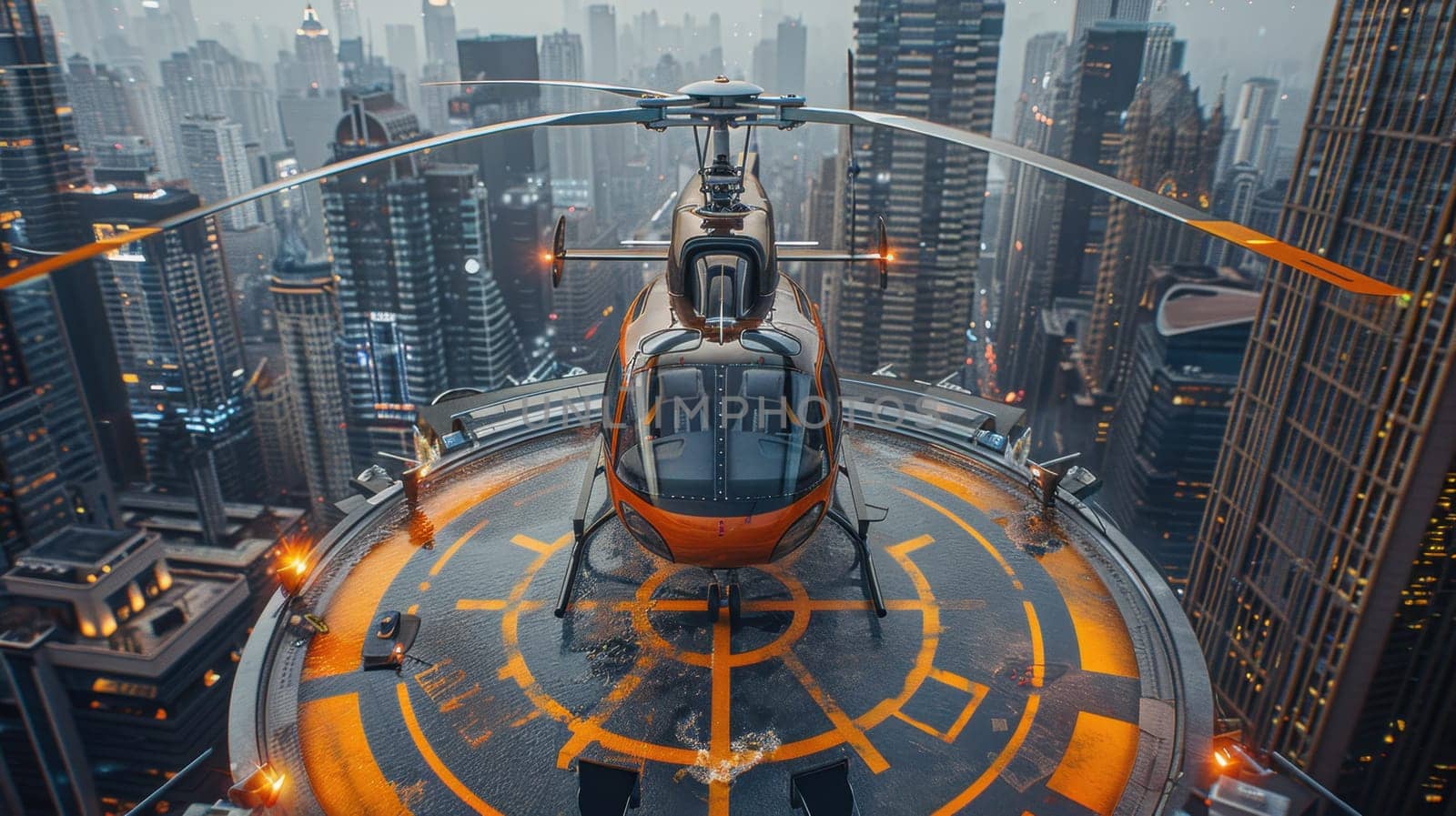 A helicopter landing on the helipad of a skyscraper. Building with a helipad.