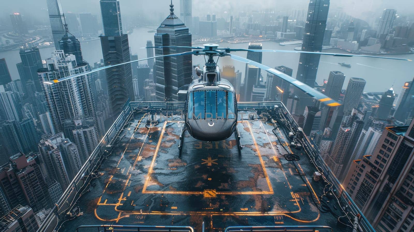 A helicopter landing on the helipad of a skyscraper. Building with a helipad.
