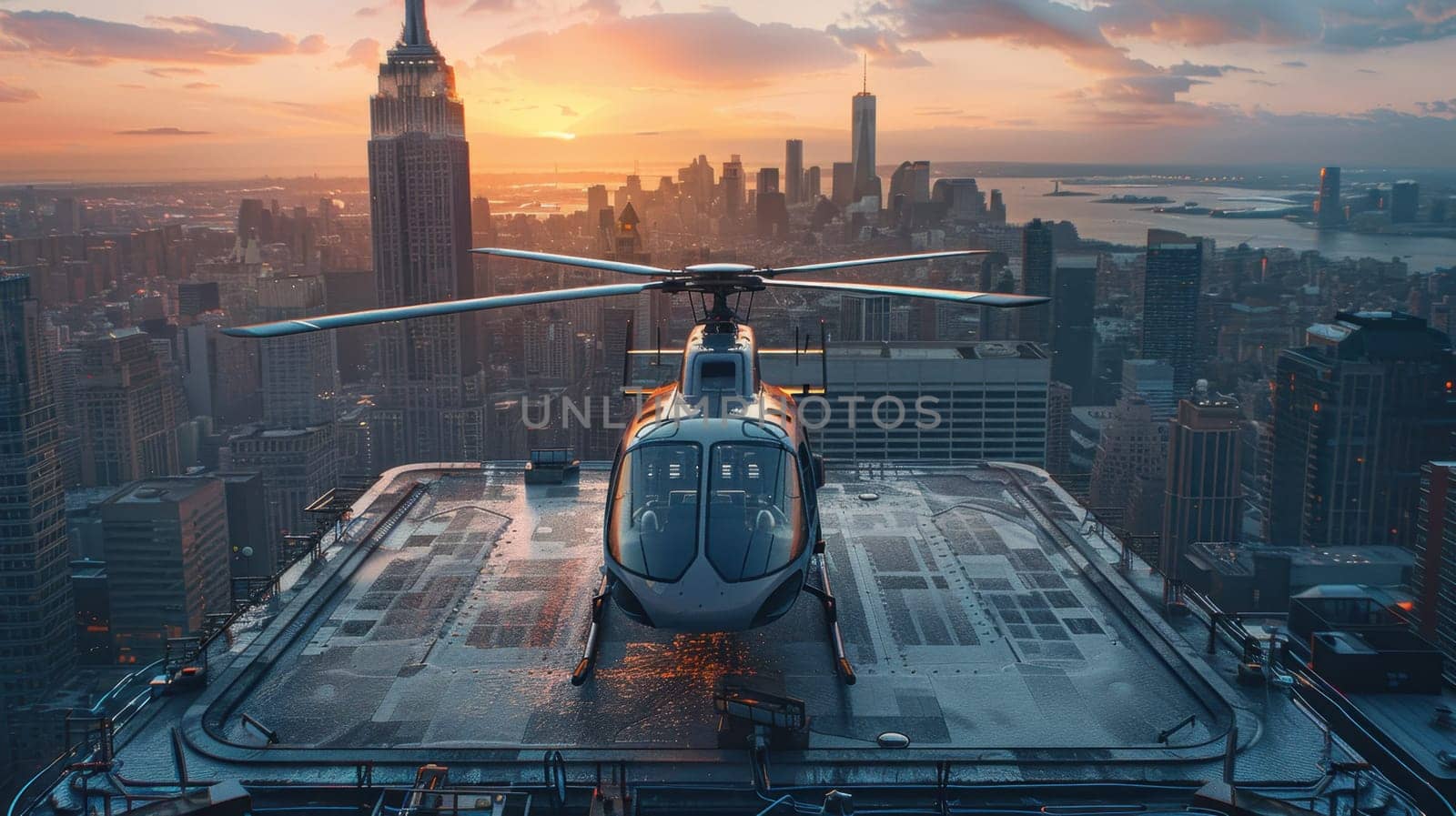 A helicopter landing on the helipad of a skyscraper. Building with a helipad.