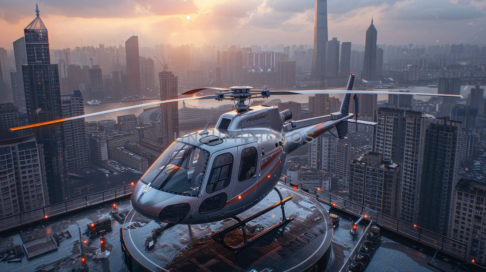 A helicopter landing on the helipad of a skyscraper. Building with a helipad.