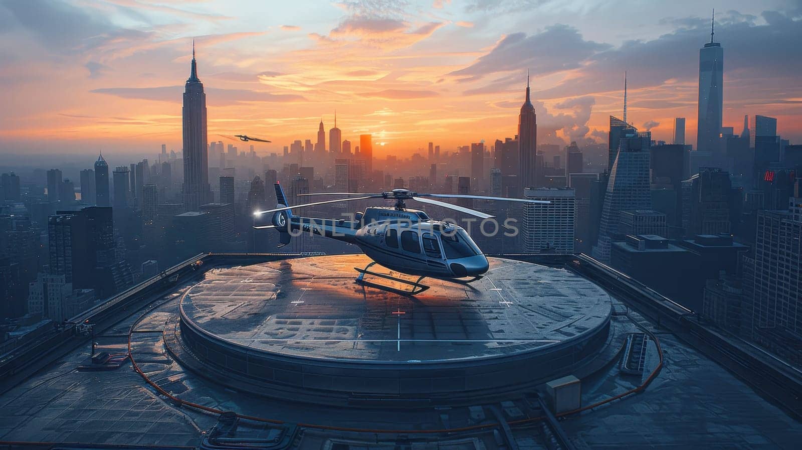 A helicopter landing on the helipad of a skyscraper. Building with a helipad.