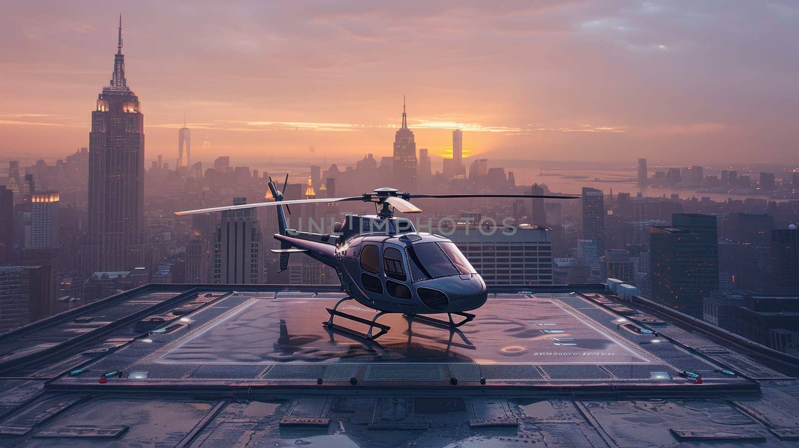 A helicopter landing on the helipad of a skyscraper. Building with a helipad.