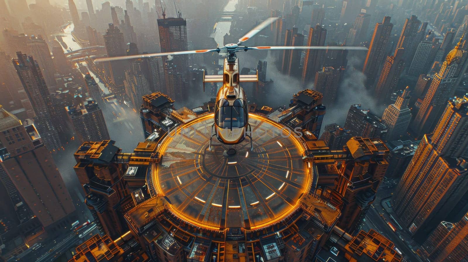 A helicopter landing on the helipad of a skyscraper. Building with a helipad.
