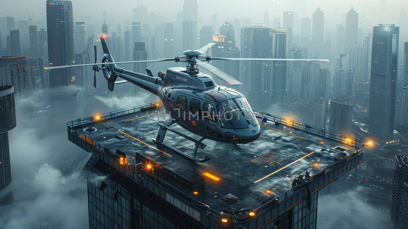 A helicopter landing on the helipad of a skyscraper. Building with a helipad.