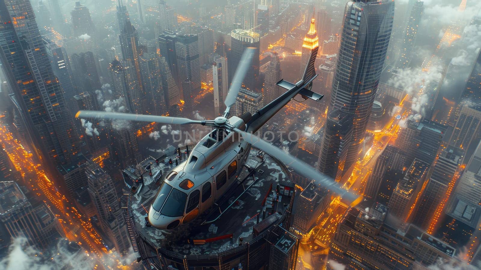 A helicopter landing on the helipad of a skyscraper. Building with a helipad.