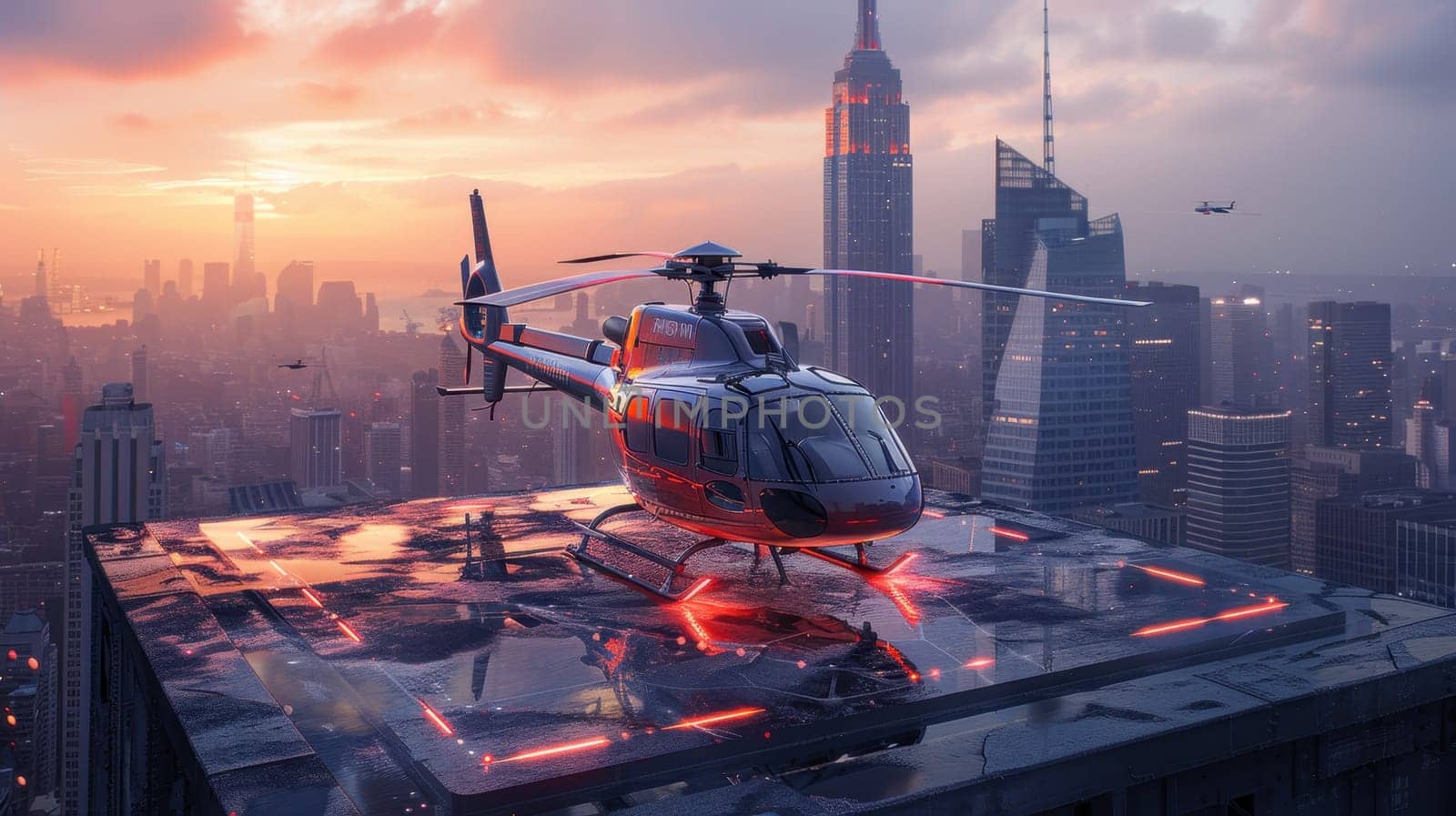 A helicopter landing on the helipad of a skyscraper. Building with a helipad.