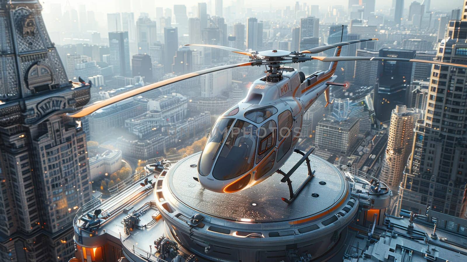 A helicopter landing on the helipad of a skyscraper. Building with a helipad.