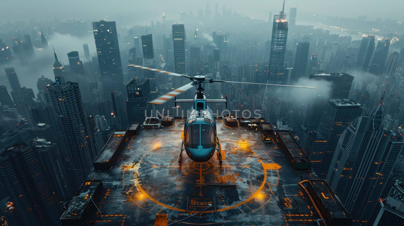 A helicopter landing on the helipad of a skyscraper. Building with a helipad.