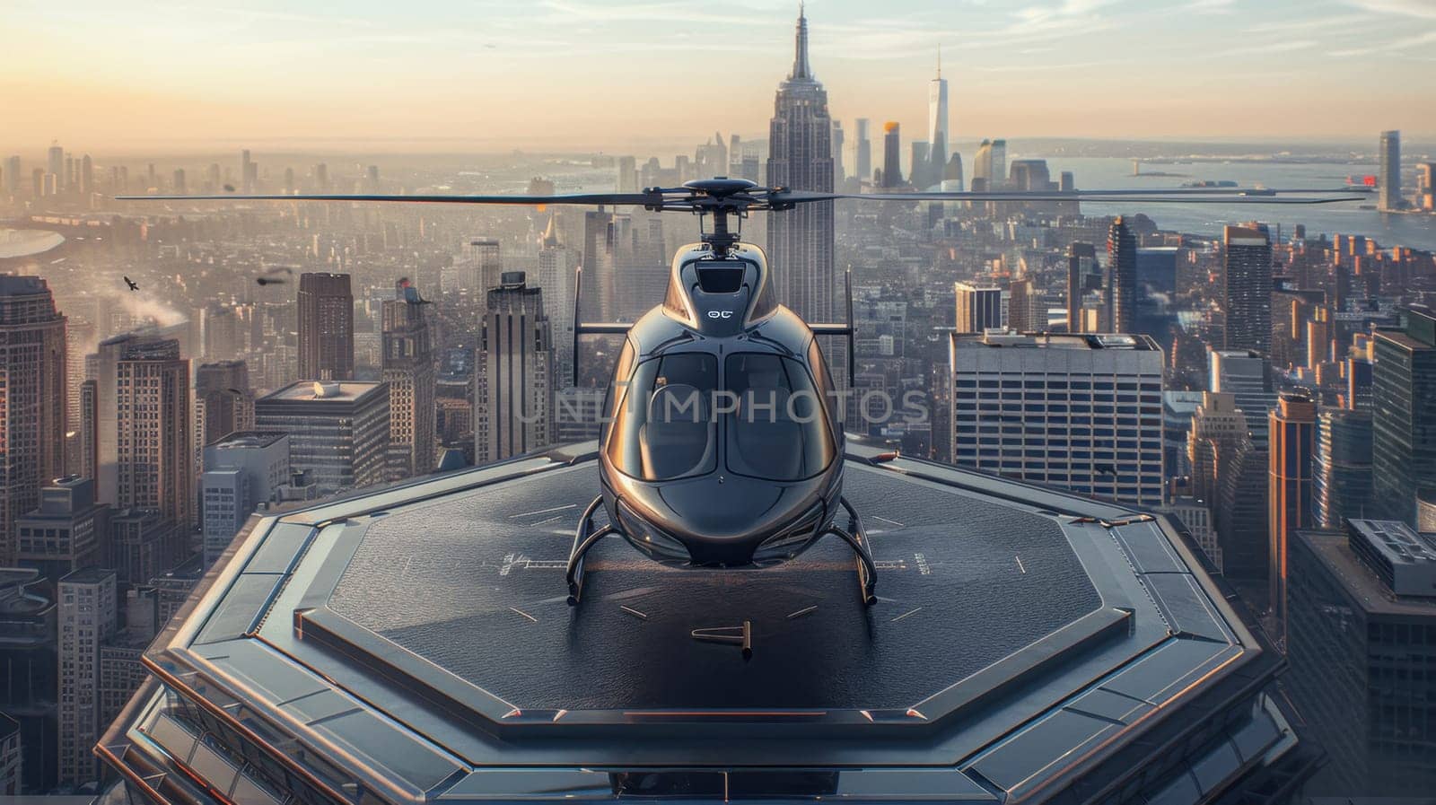 A helicopter landing on the helipad of a skyscraper. Building with a helipad.