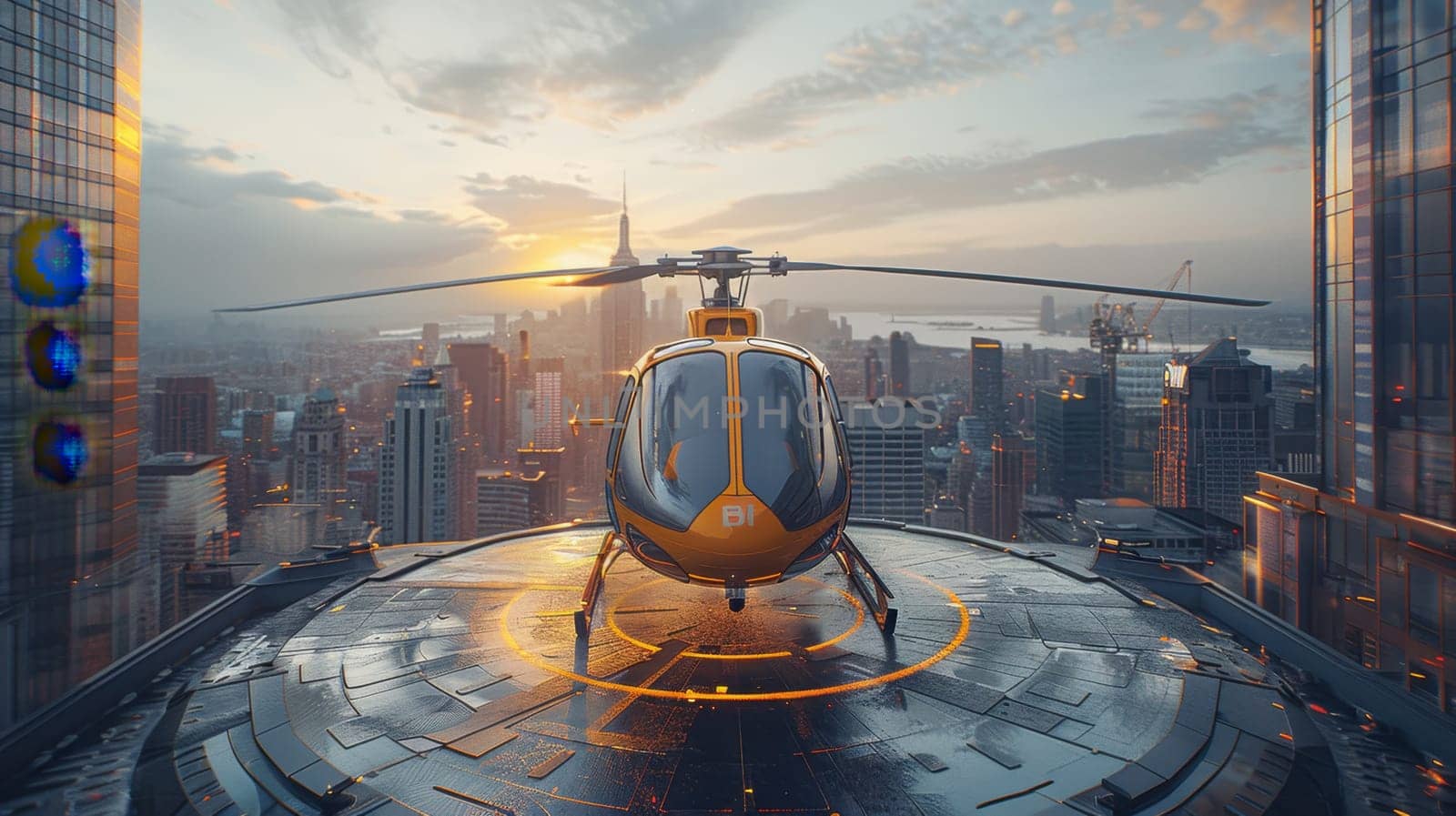 A helicopter landing on the helipad of a skyscraper. Building with a helipad.