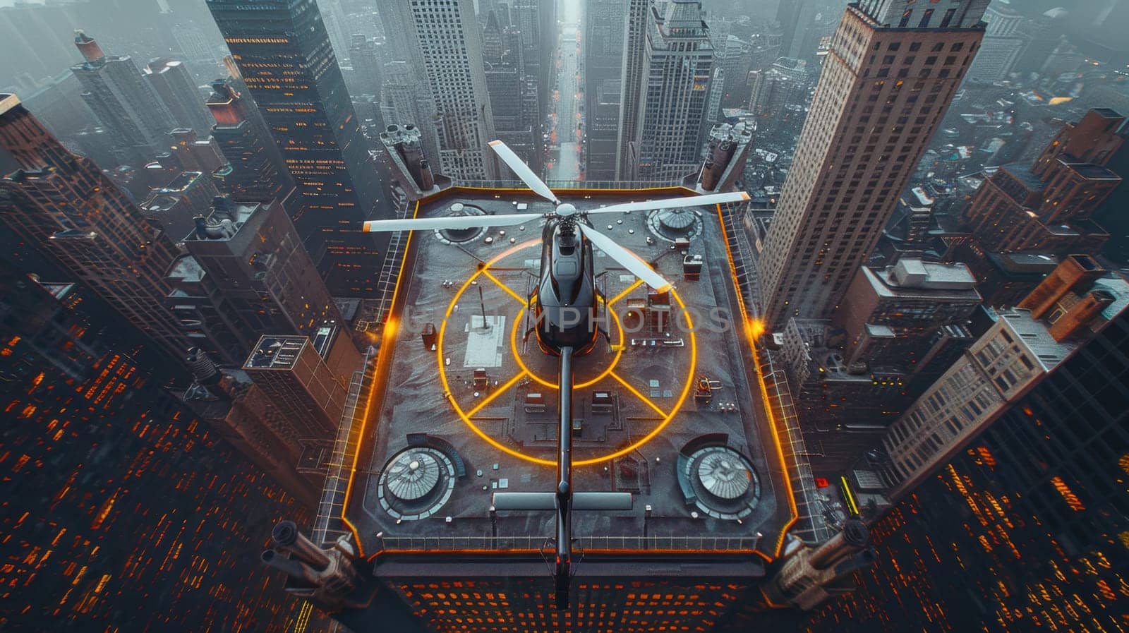 A helicopter landing on the helipad of a skyscraper. Building with a helipad.