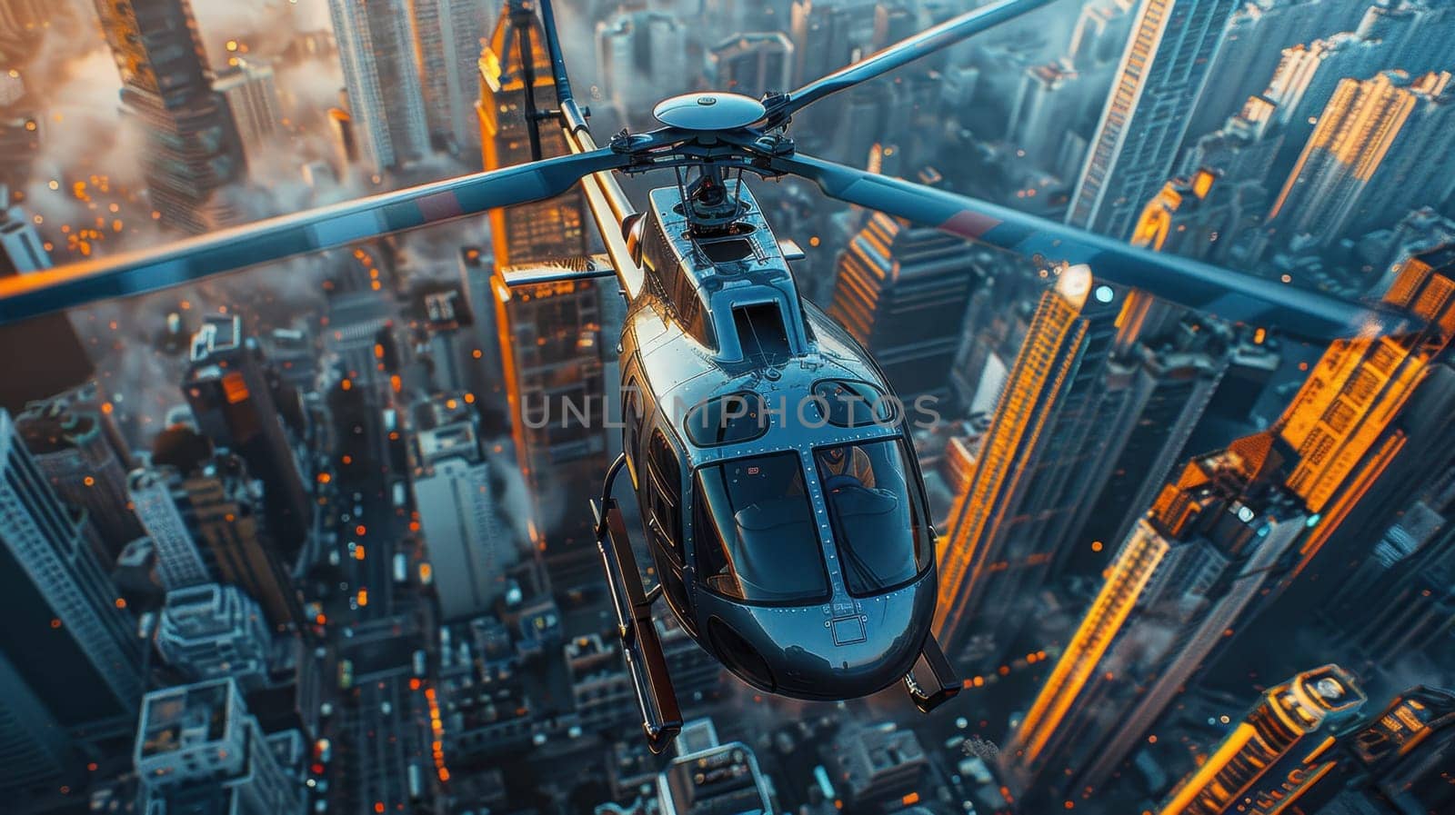 A helicopter landing on the helipad of a skyscraper. Building with a helipad.