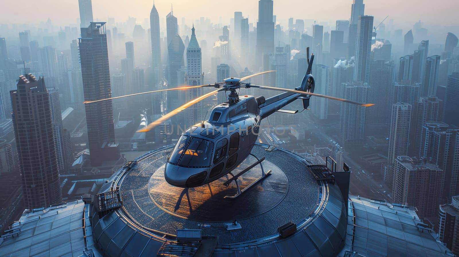 A helicopter landing on the helipad of a skyscraper. Building with a helipad.