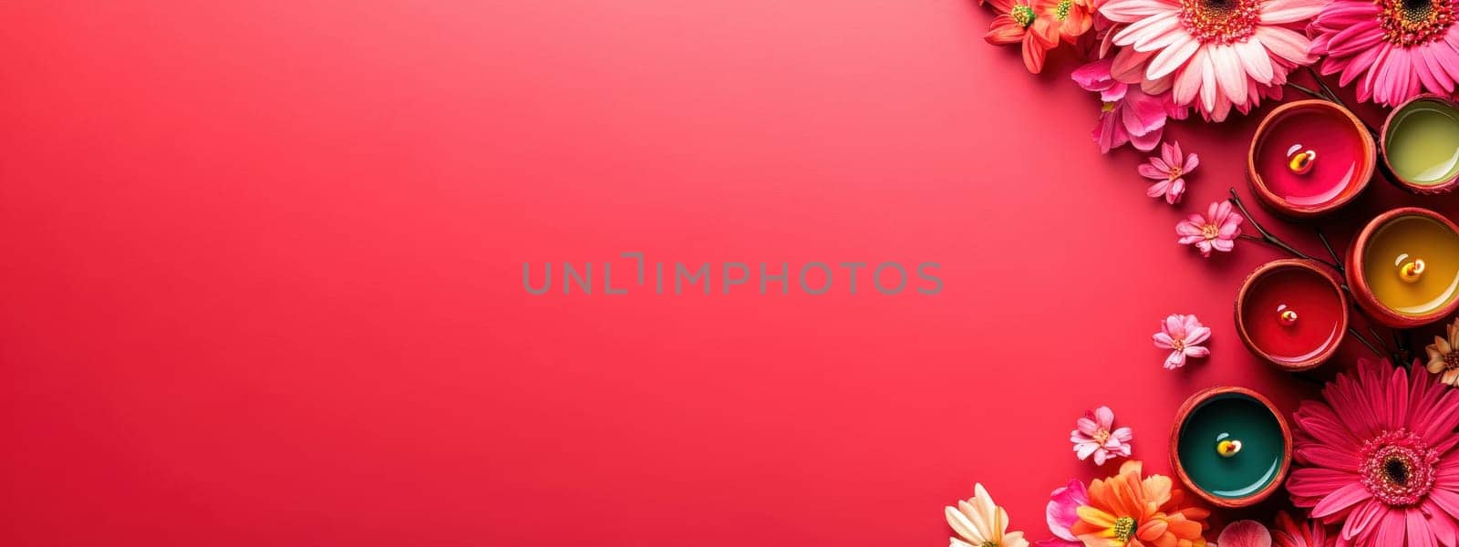 Colorful aromatherapy candles and flowers on red background with copy space