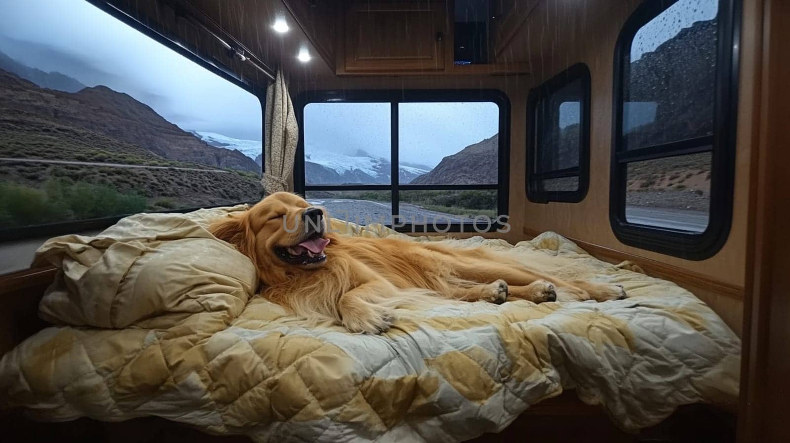 A dog lies comfortably curled up on a warm blanket inside a camper, enjoying the colorful sunset and breathtaking Andes mountain scenery through the window.