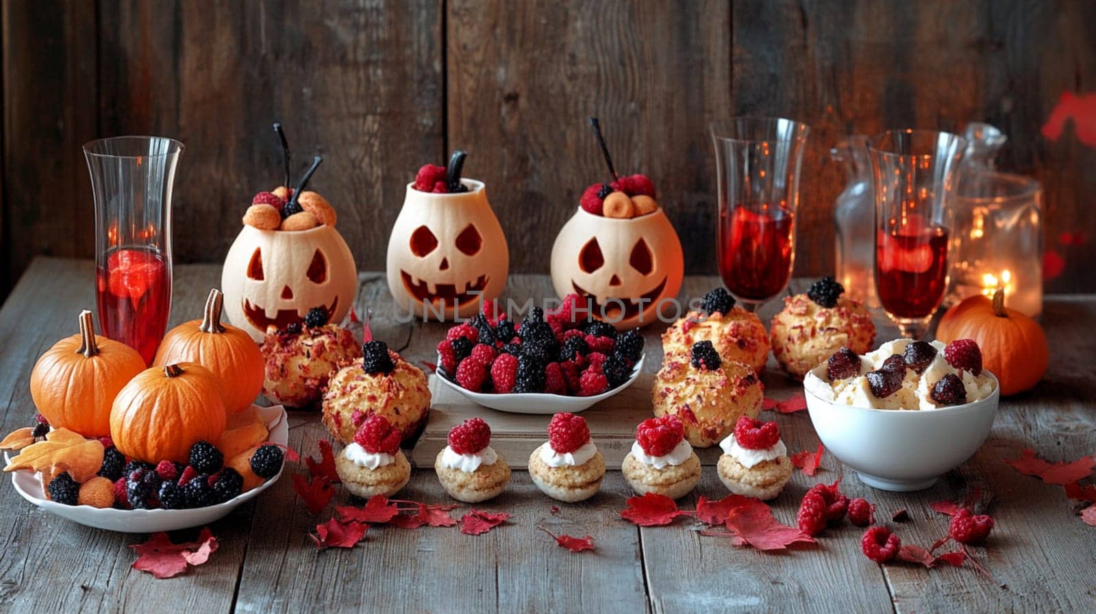 A table is covered with a variety of desserts, including pumpkin-shaped pastries and blackberry tarts. The table is set for a Halloween party, with pumpkins and other fall decorations scattered around