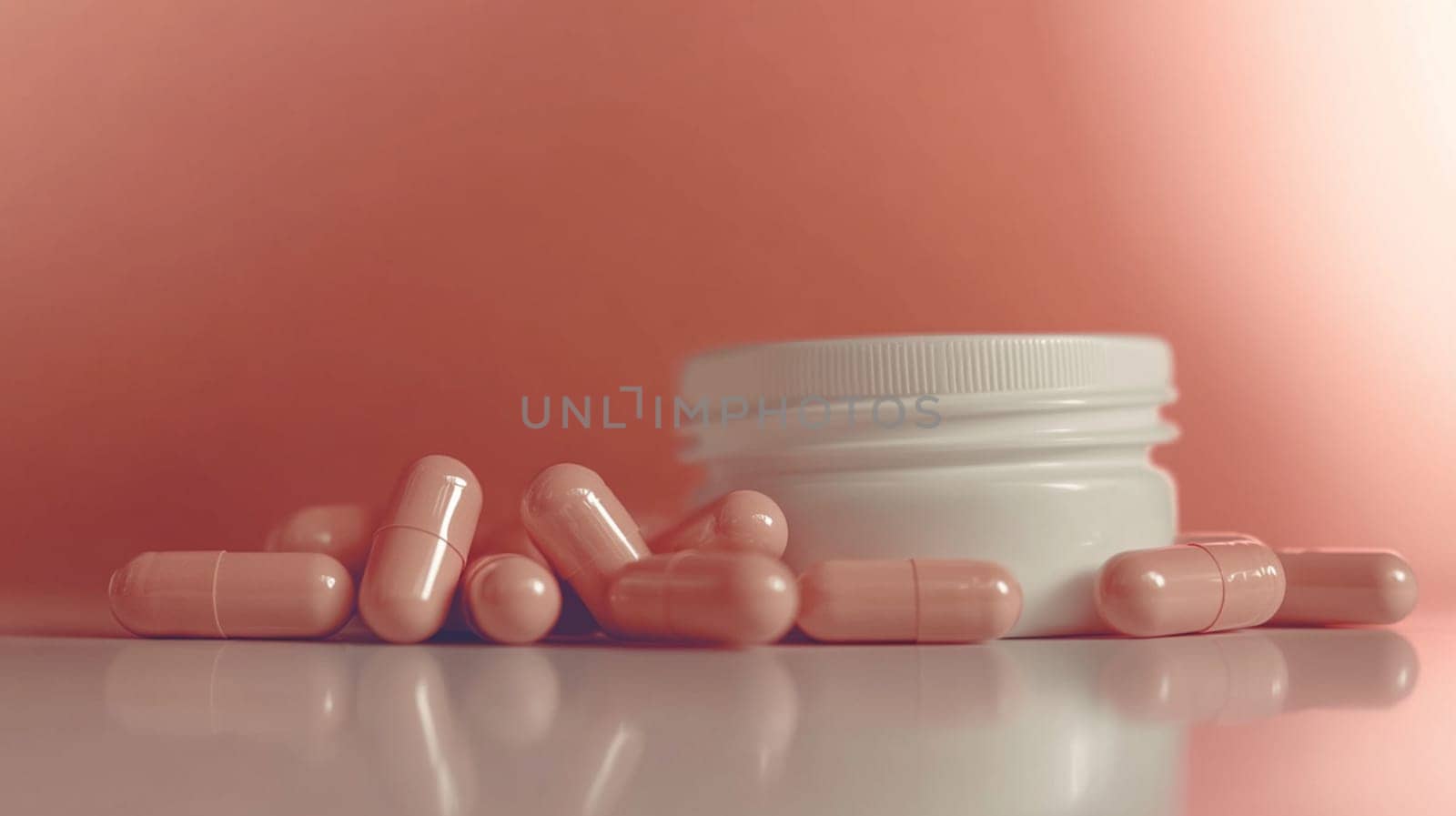 Pink pills spilling from a white bottle on a reflective surface with a pink background. This image evokes the pharmaceutical industry and the consumption of medicines