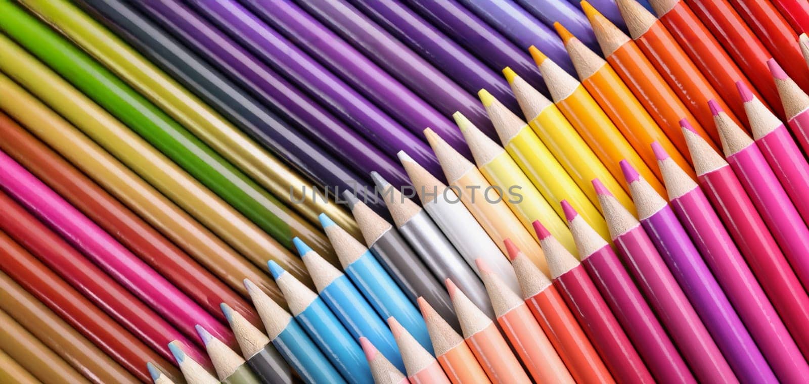 Top view of big assortment of colourful pencils placed over each other. Sharp tips of crayons, ready to paint, bright palette. Hobby, creativity concept