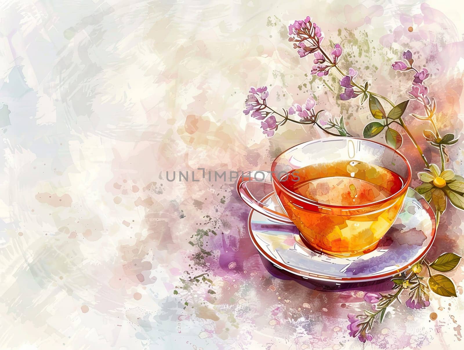A clear teacup filled with amber herbal tea sits on a saucer beside fresh herbs, conveying tranquility amidst a soft, blurred background of textures and colors.
