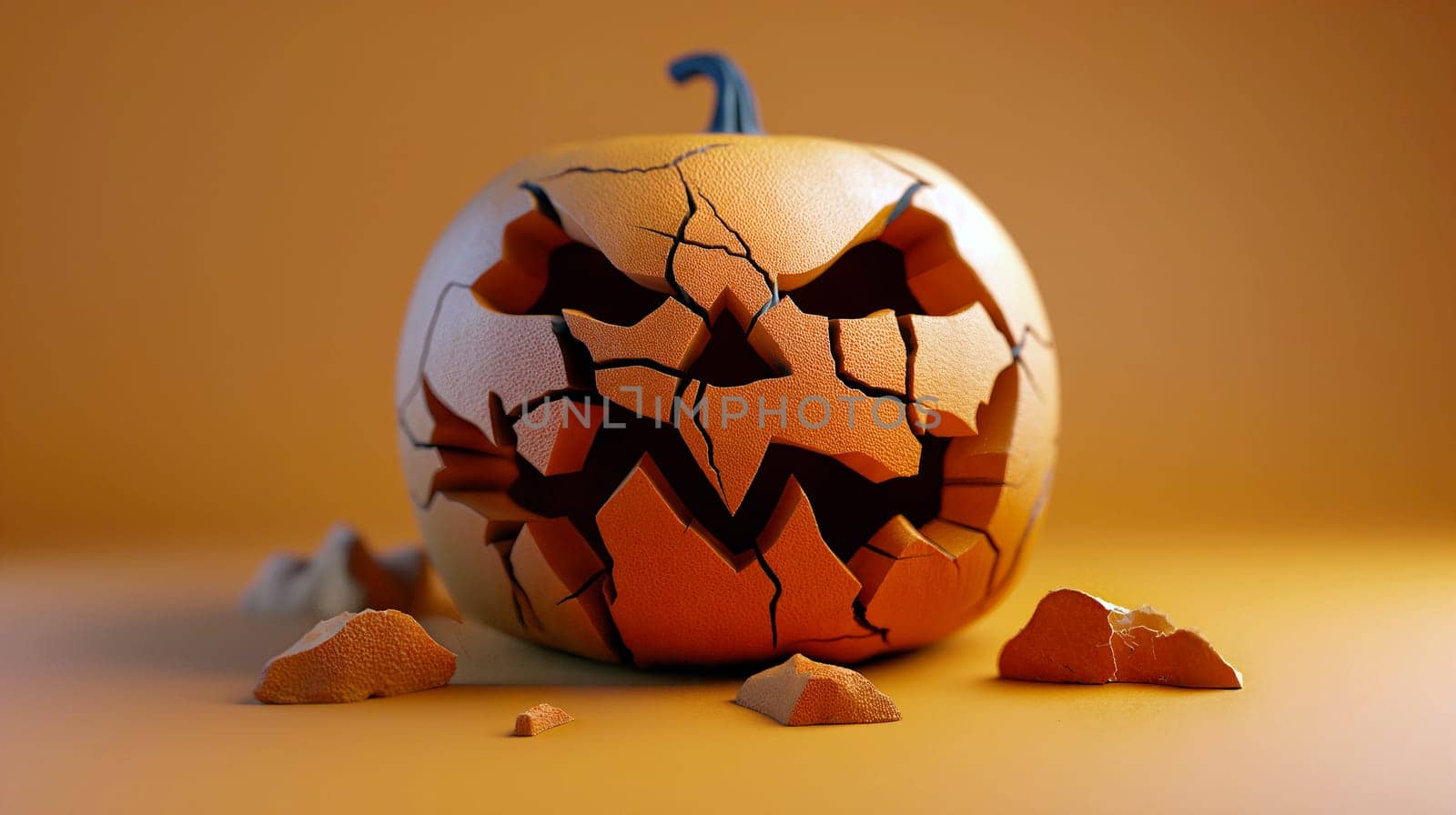 This artwork features a cracked pumpkin that highlights a fierce expression, set against a soft orange background, evoking a sense of Halloween mystique - Generative AI
