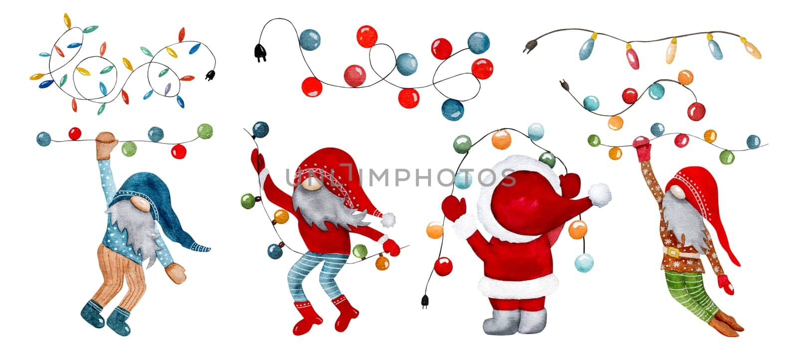 Watercolor Illustration Of Christmas Gnome In Scandinavian Style, A Set Of Gnomes For New Year'S Celebration