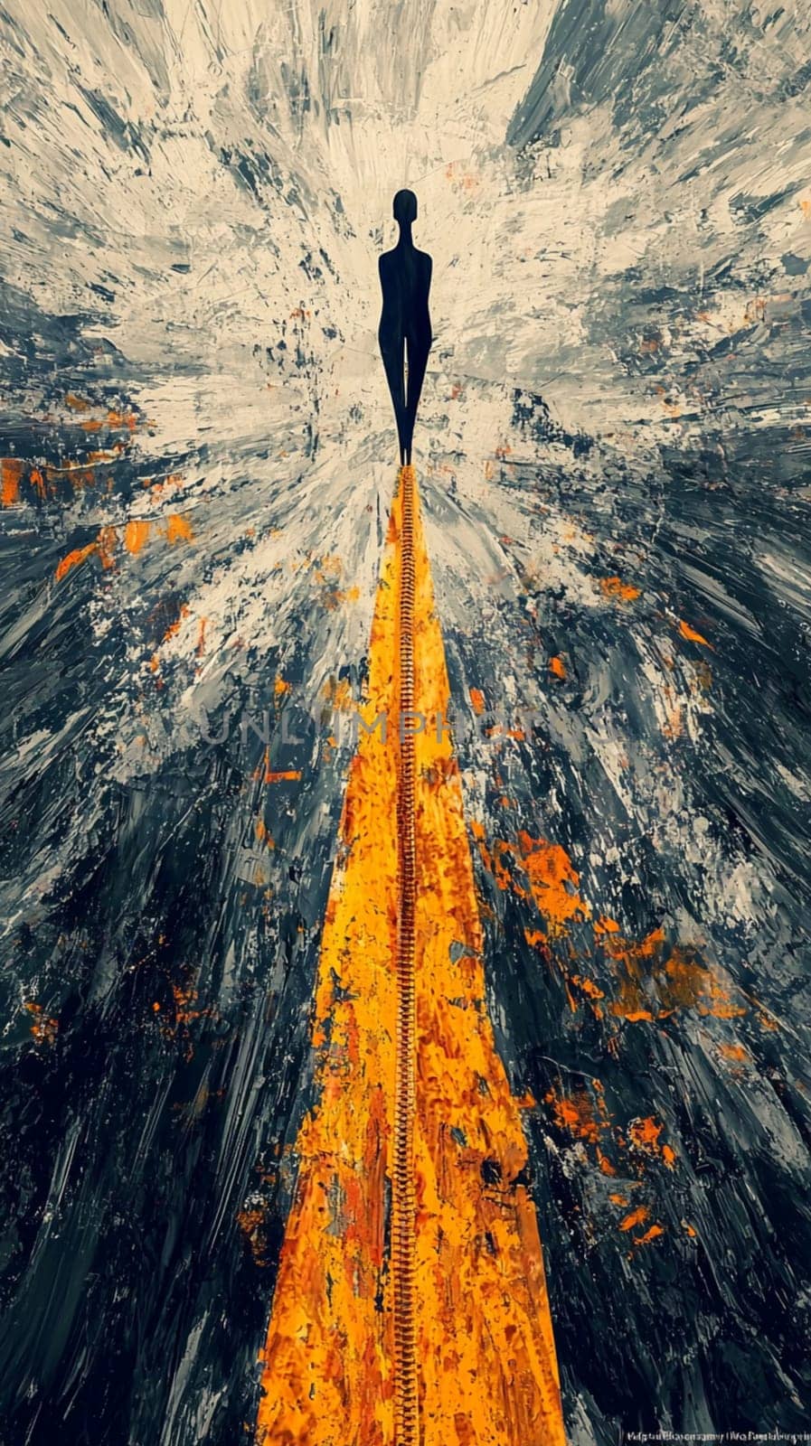 Abstract painting of a silhouette standing at the top of golden zipper path surrounded by black and white brush strokes