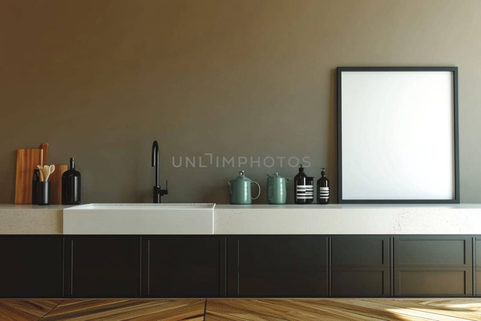 Modern minimalist kitchen interior with black cabinets, a white countertop, and an empty frame mockup hanging on a brown wall