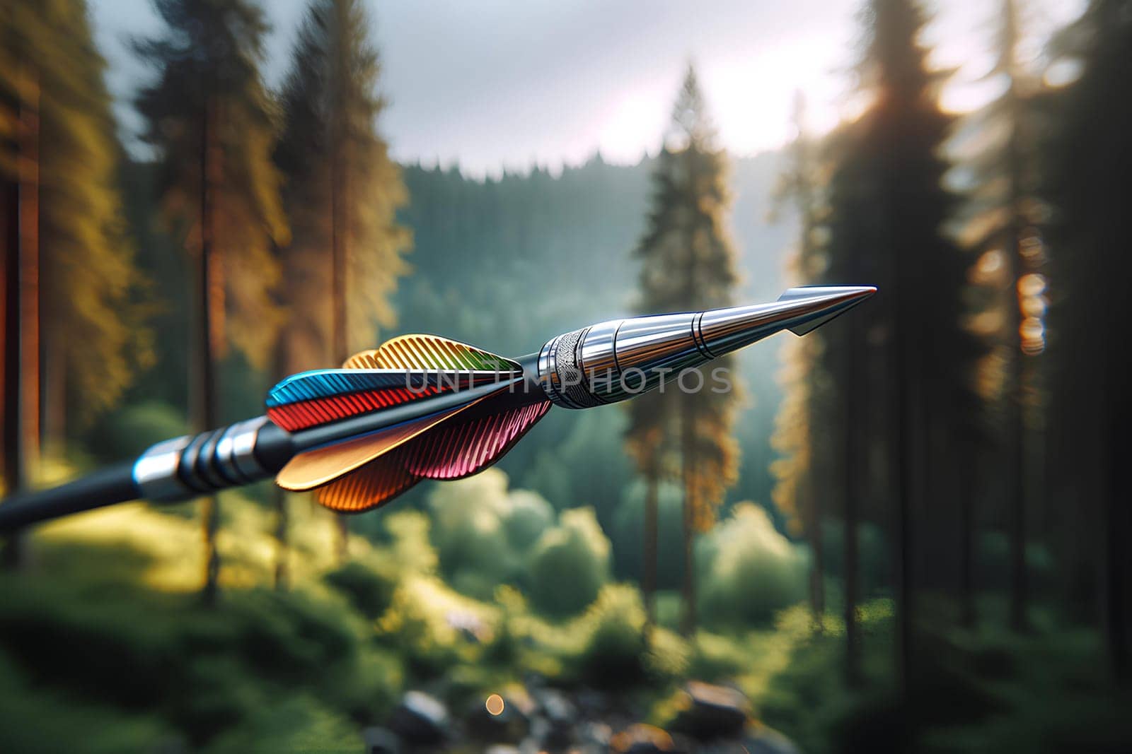flying arrow with a shiny metal tip on a forest background.