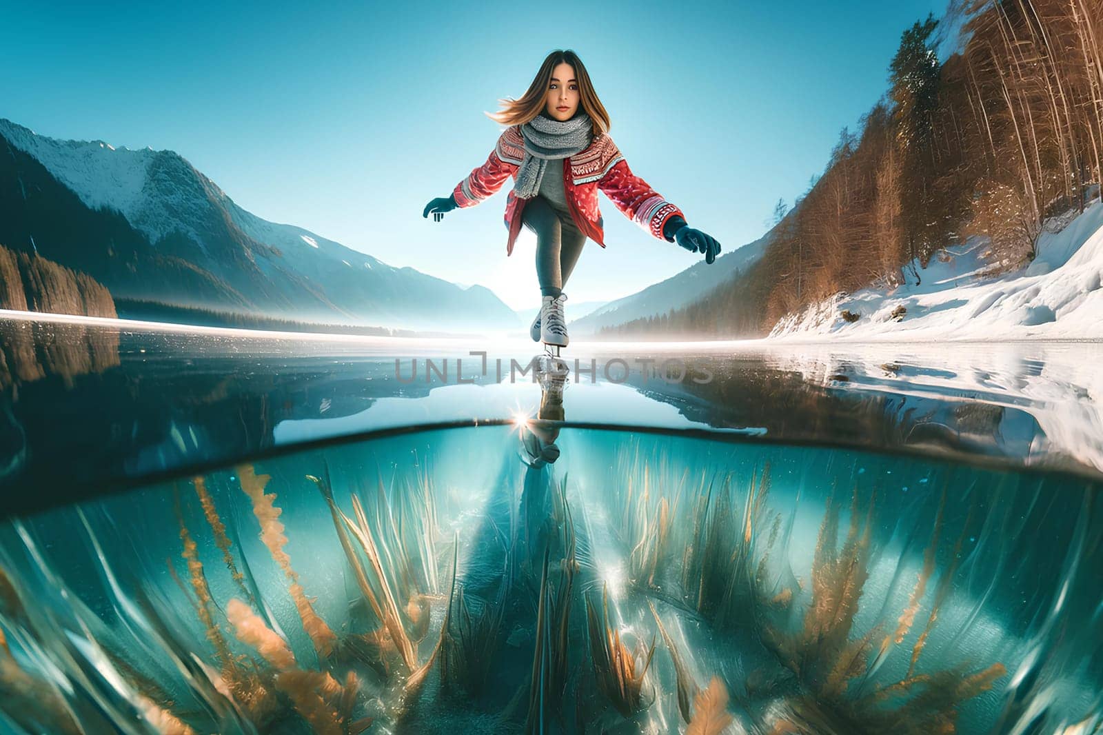a young woman ice skating on the transparent ice of a lake.