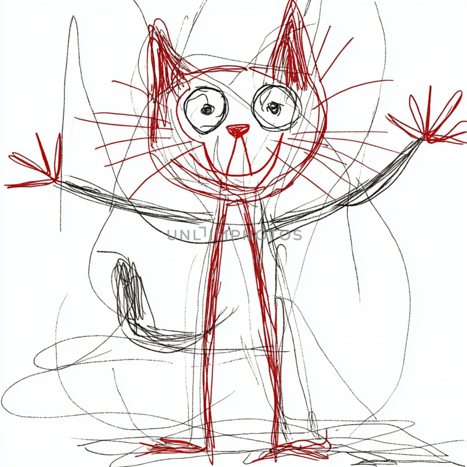 Childlike drawing of a happy cat smiling and waving, isolated on white background. Perfect for children books or lighthearted projects