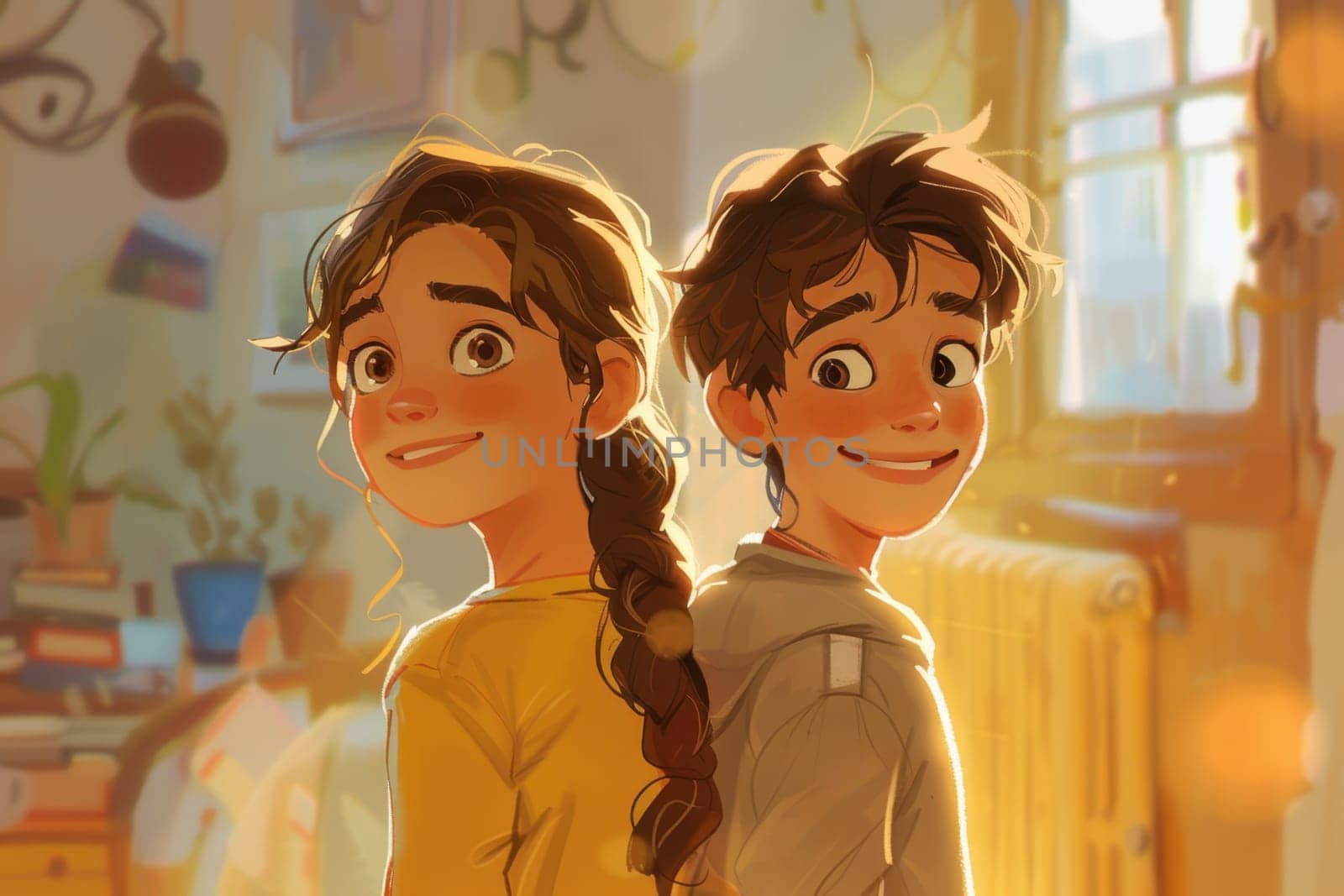 A boy and a girl stand with their backs to each other. Cartoon characters are a boy and a girl. Illustration.