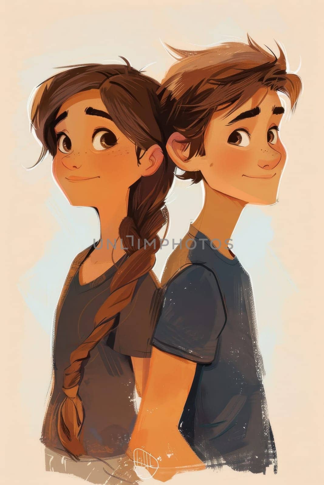 A boy and a girl stand with their backs to each other. Cartoon characters are a boy and a girl. Illustration.
