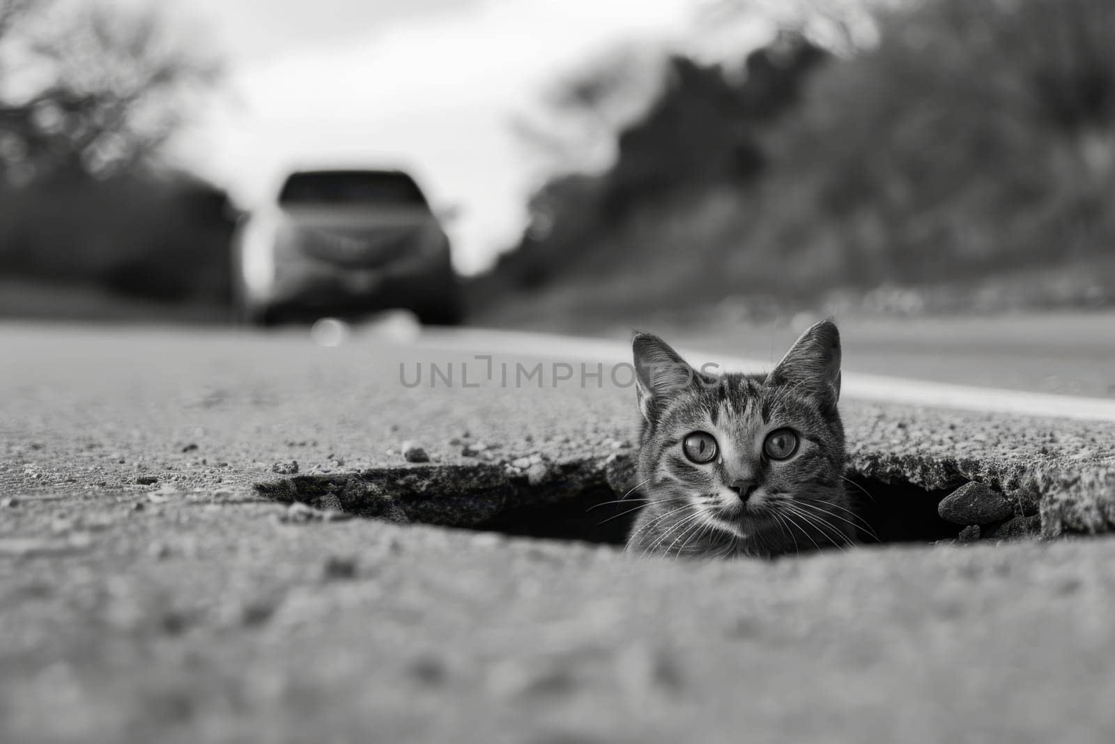 A black and white photo of a cat sitting in a pit on the road. Cat on the highway look at the camera.