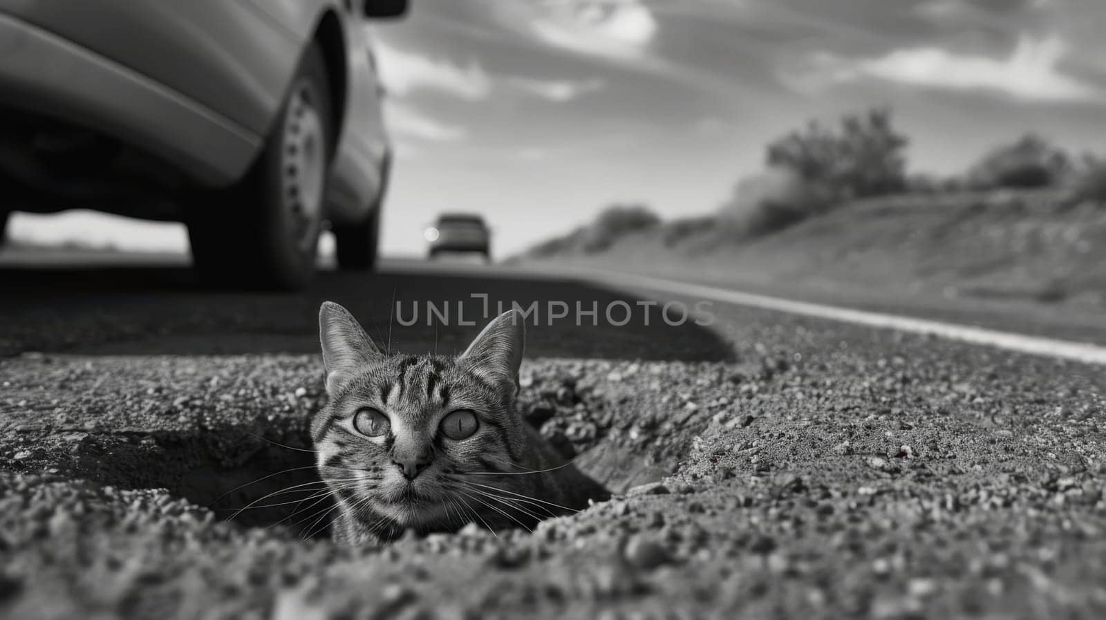 A black and white photo of a cat sitting in a pit on the road. Cat on the highway look at the camera.