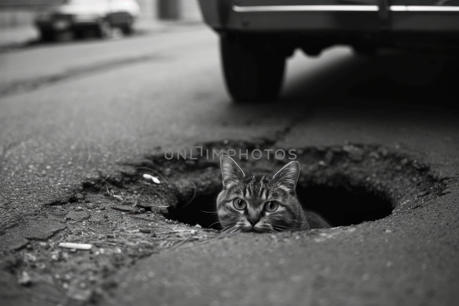 A black and white photo of a cat sitting in a pit on the road. Cat on the highway look at the camera.