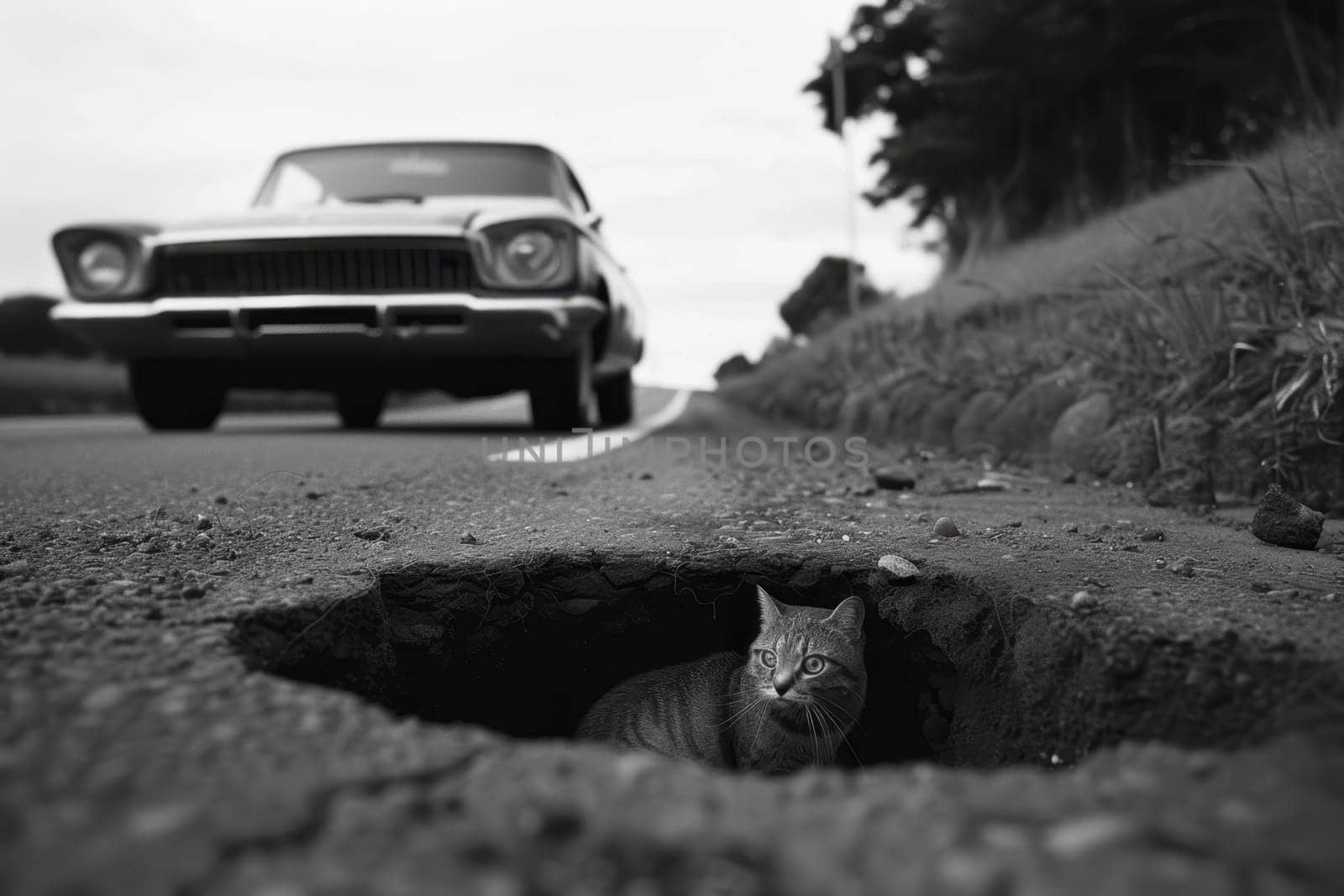 A black and white photo of a cat sitting in a pit on the road. Cat on the highway look at the camera.