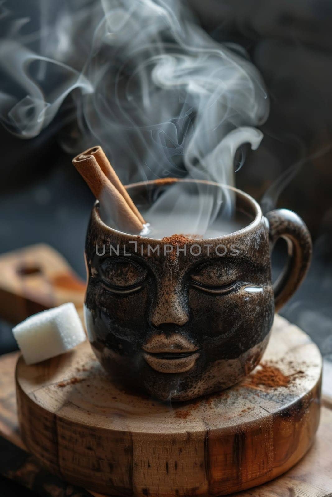 A designer mug with a picture of a man's face with hot coffee is on the table. Steamed Coffee mug.