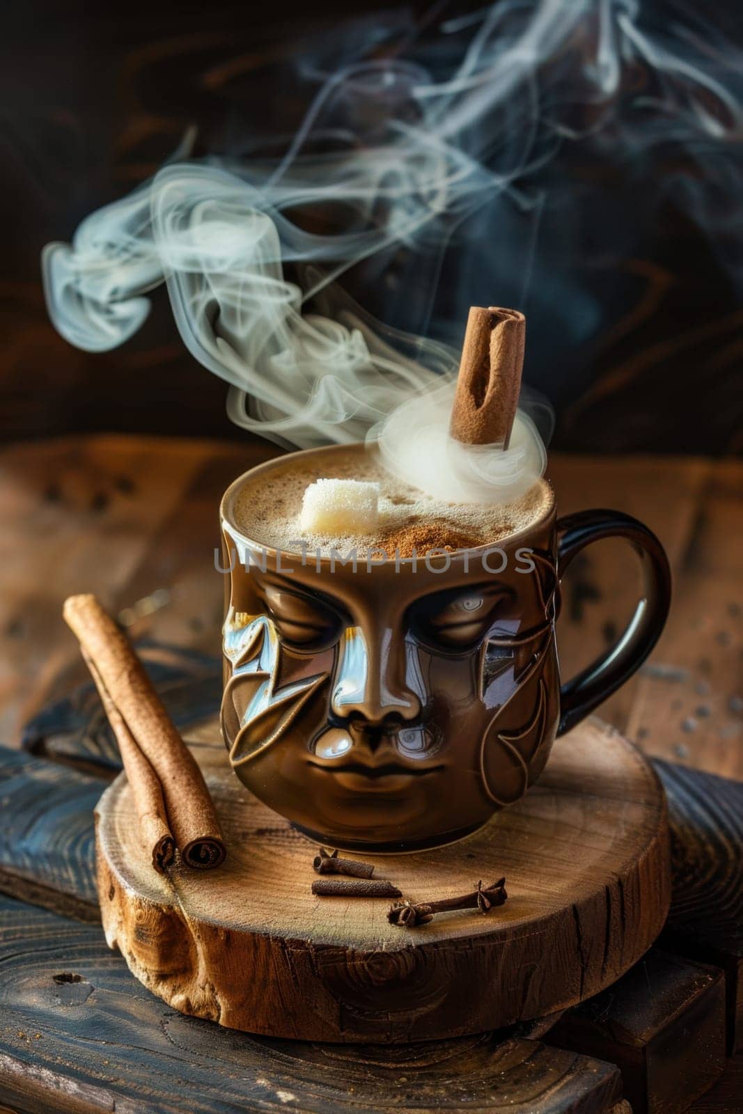 A designer mug with a picture of a man's face with hot coffee is on the table. Steamed Coffee mug.